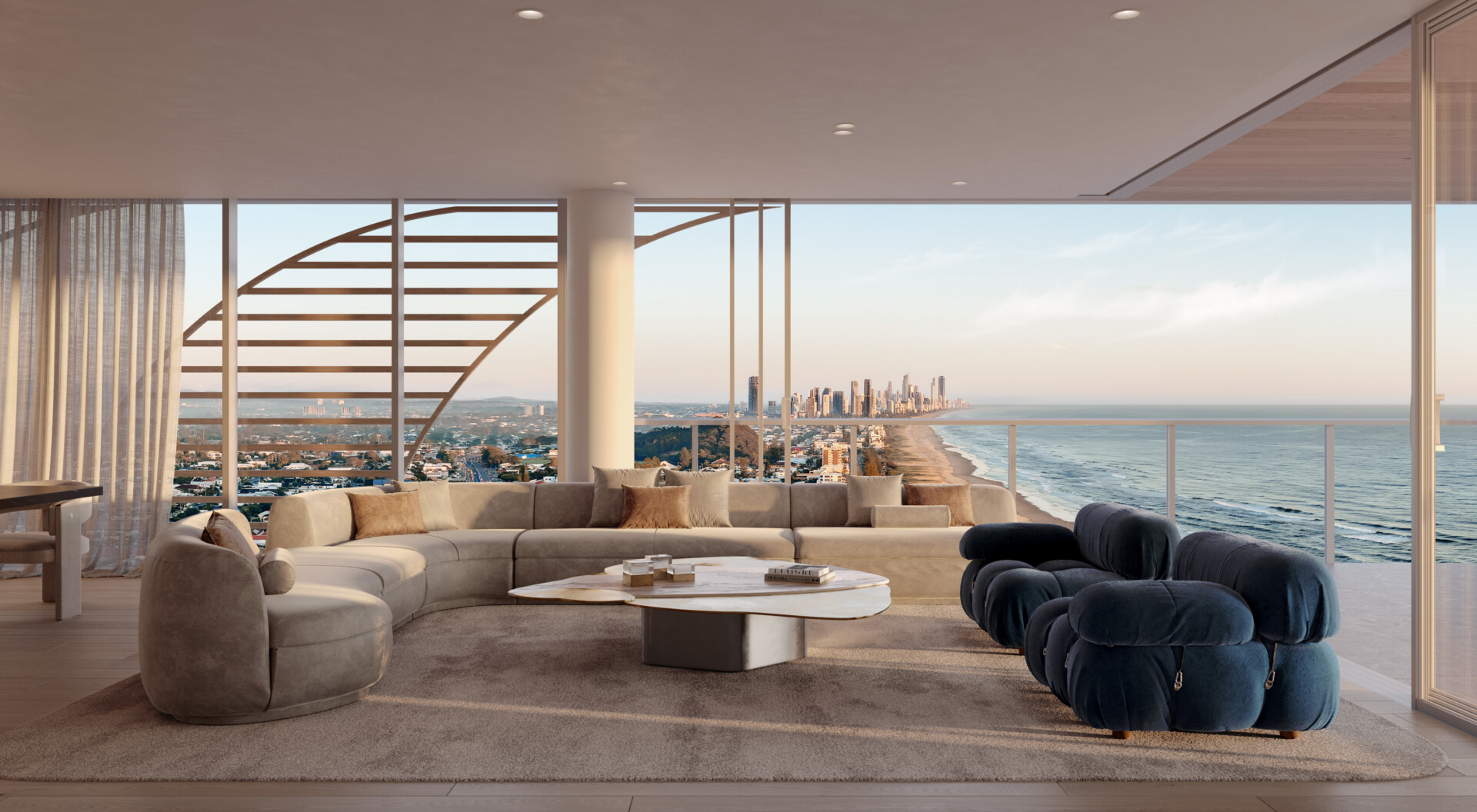 Burly Residences -Sub-Penthouse Living Room & Balcony Render